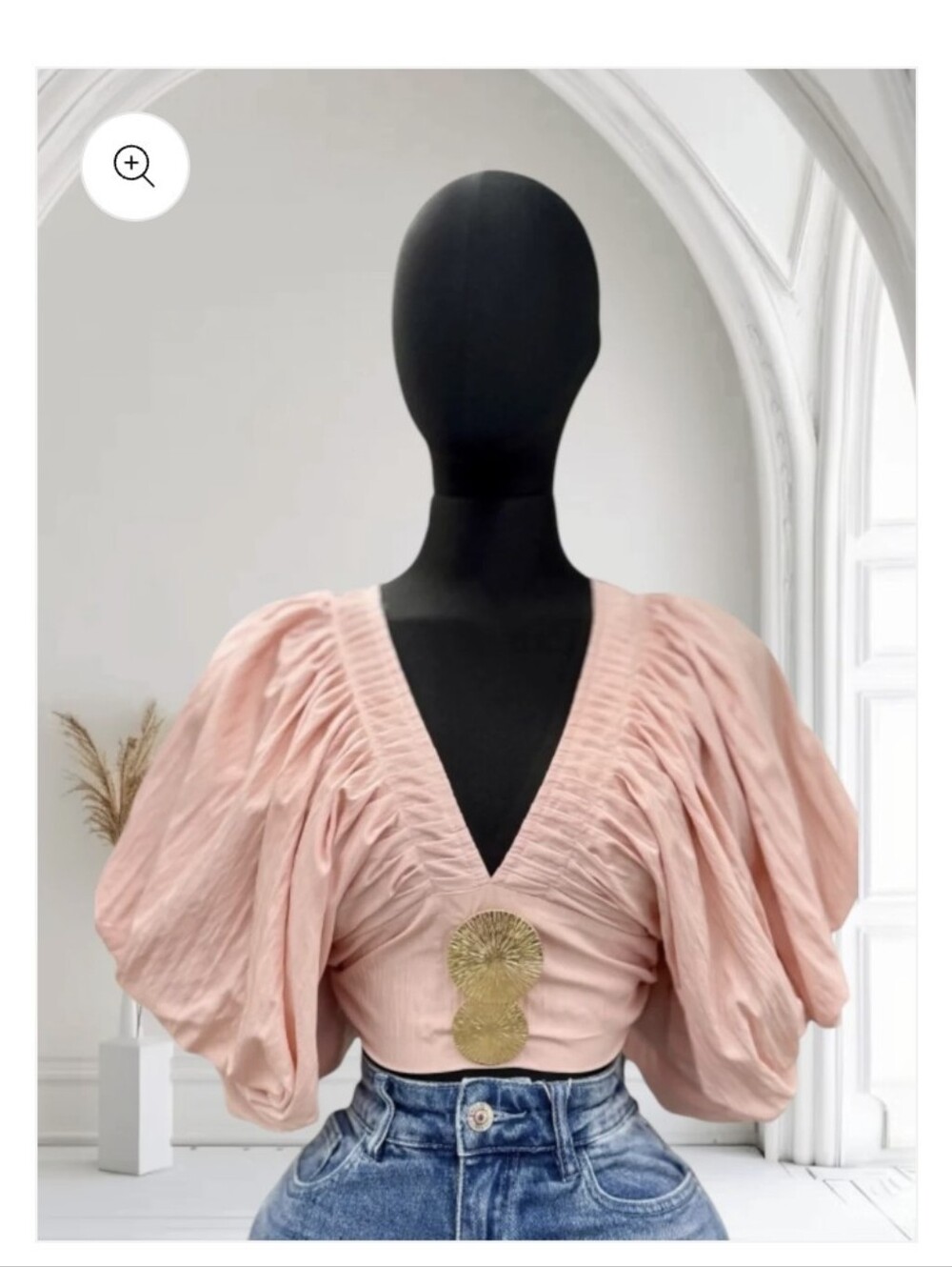Pink V-Neck Puff Sleeve Crop Top - Elegant Women's Blouse